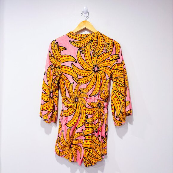 FARM RIO Pink Yellow Floral Banana Linen Romper | Tropical Vacation | Small * - Picture 9 of 11